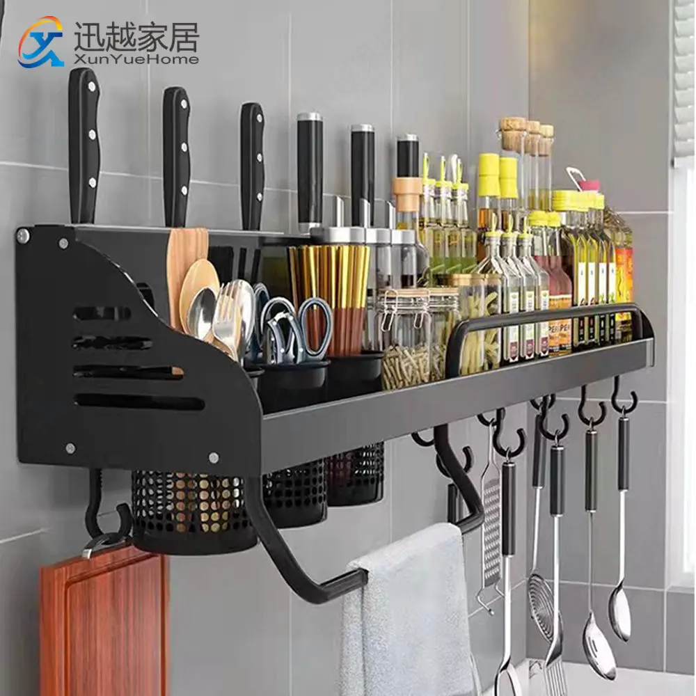 Black Spice Rack Organizer Seasoning Bottle Towel Holder Gadgets Supplies Hanging Kitchen Accessories Wall Mount Cabinet Shelf kitchen shelf with towel hook bar wall installation corner shelves condiment rack kitchen storage spoon rack