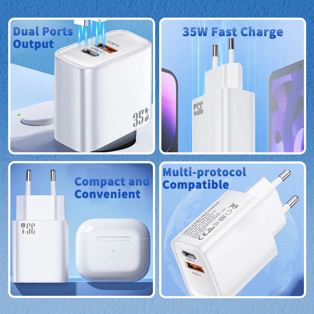 35W Type C USB Fast Charger PD Dual Ports Mobile Phone Adapter Quick Charge Wall Charger For iPhone 15 14 Xiaomi Samsung Oneplus