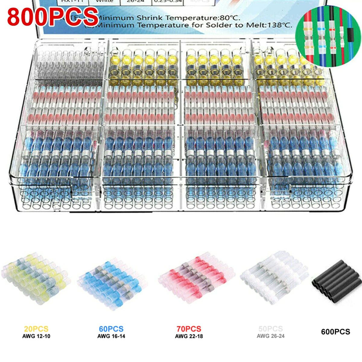 

800Pcs Heat Shrink Butt Crimp Terminals Waterproof Solder Seal Electrical Connectors Wire Cable Splice Kit Vehicle Motorcycle