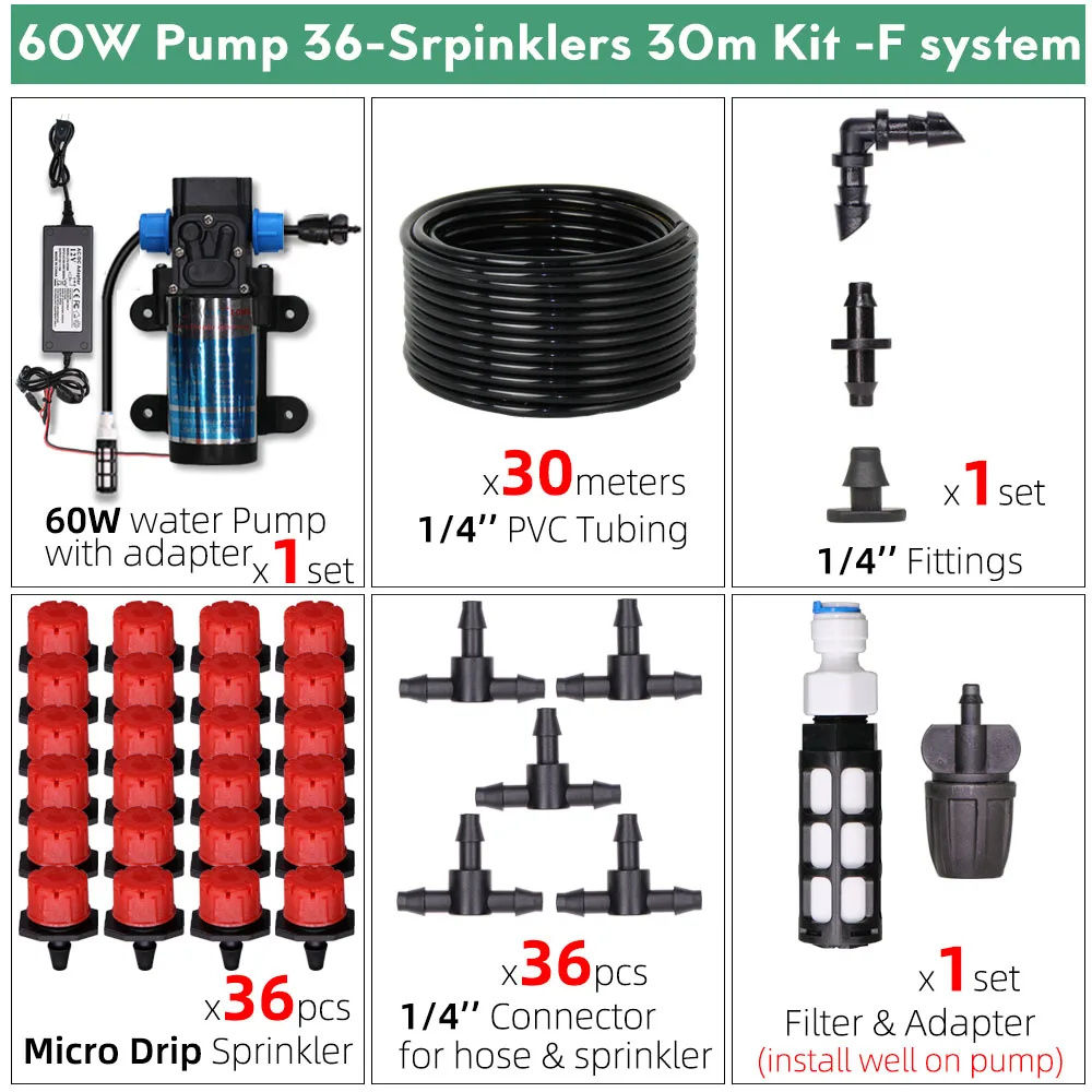 5-30M Water Pump Garden Drip Irrigation Set 60W DC12V Micro Electric Diaphragm System with 110-240V Power Adjustable Sprinkler 