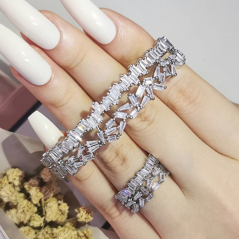 2022 New Luxury silver color bride African Dubai Jewelry Set Bracelet Band Ring for Women Wedding Christmas Party Gift J6731