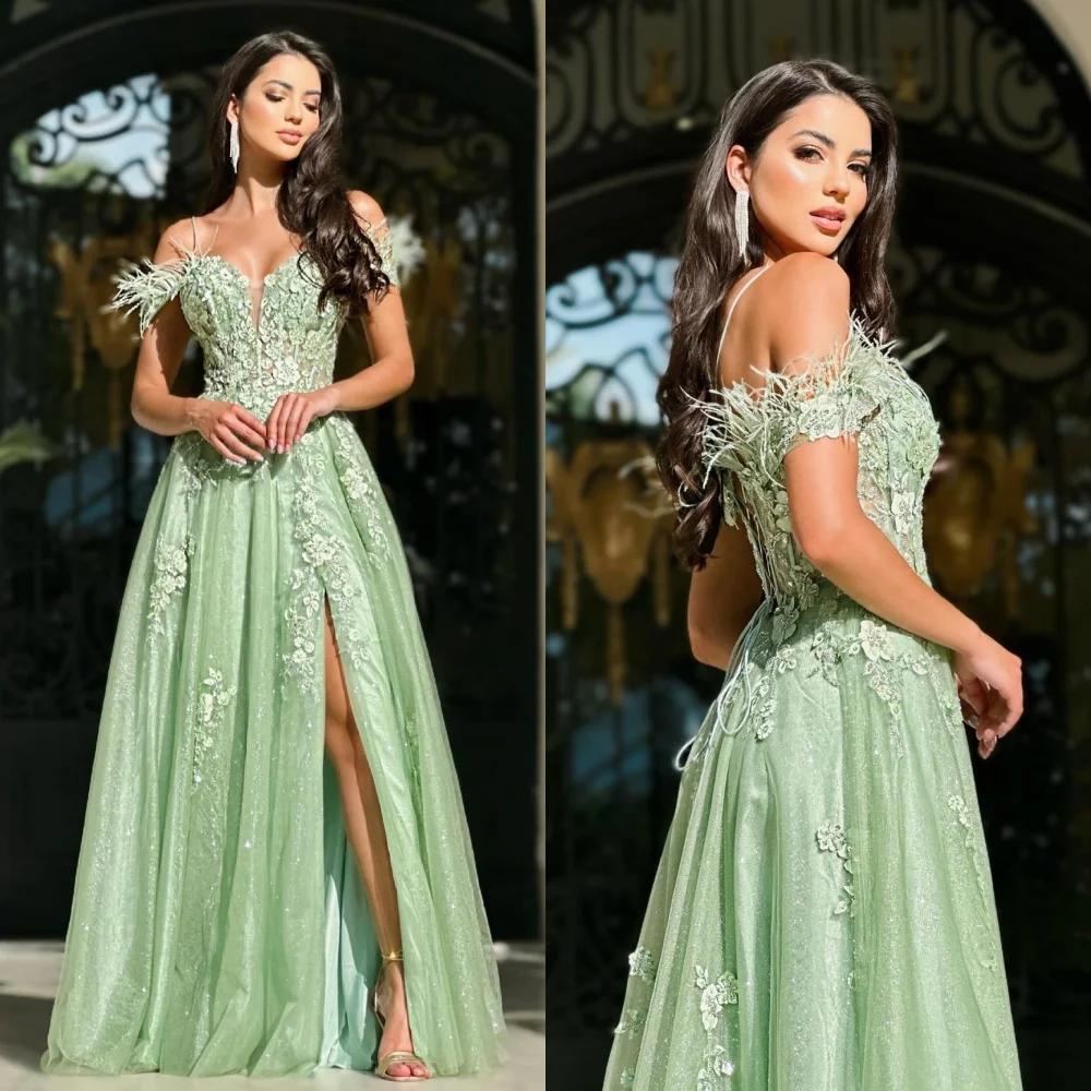 Prom Dress Feather Mesprit Fashion Off-the-shoulder A-line Floor Length Applique Feathers Tulle Customized thinyfull green prom dresses 2021 off shoulder tulle floor length a line party dress sexy applique beading wedding evening gowns