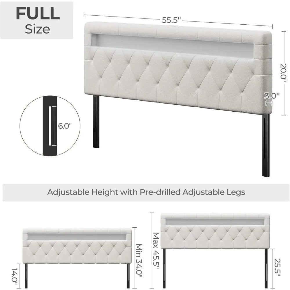 Headboard for Full Size Bed with 60,000 DIY Color of LED Light, USB & Type C Post, Attach Frame, Height Adjustable, White Leathe