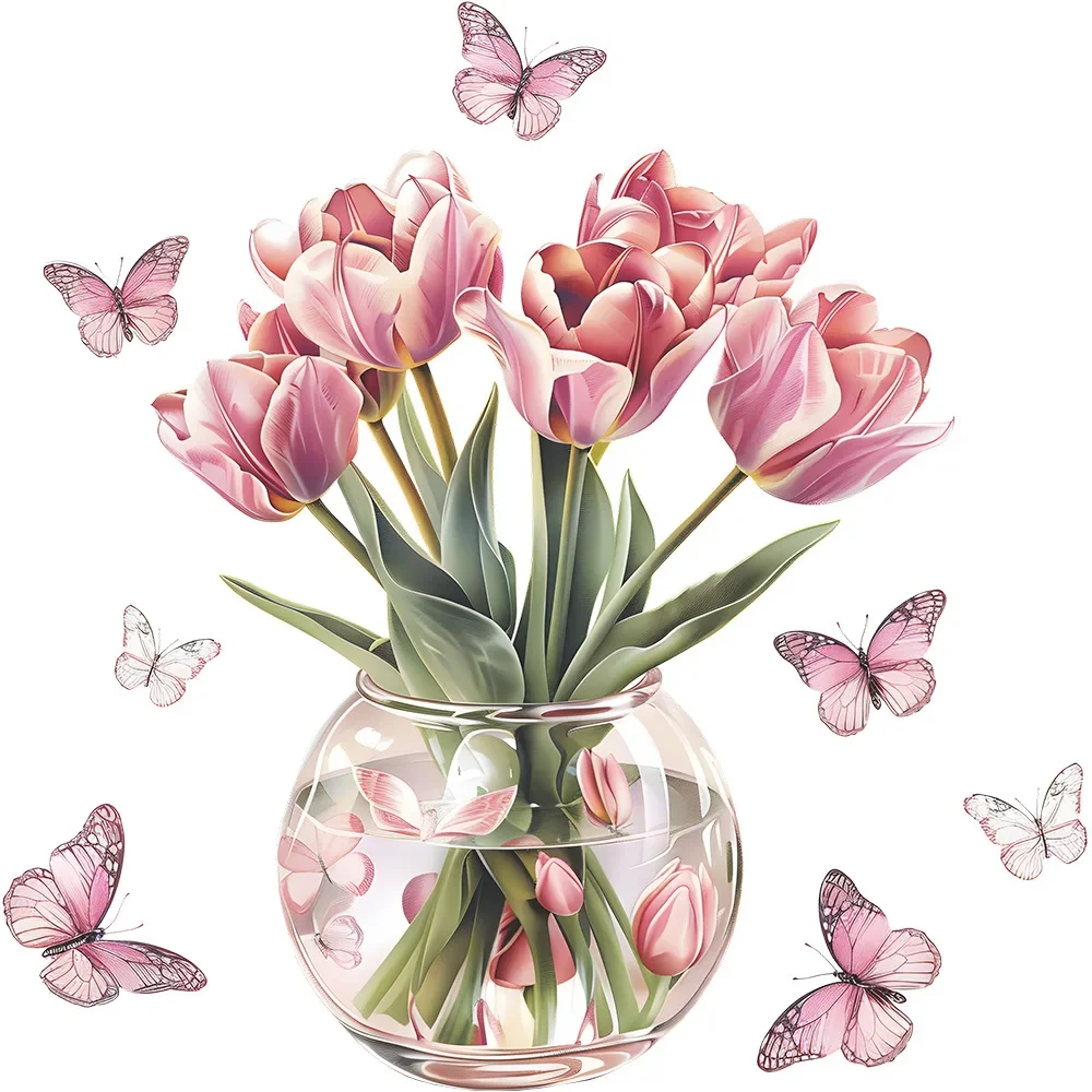 1PCS Vase Tulip Butterfly Glass Window Home Decoration Electrostatic Uv Window Sticker Room Decor