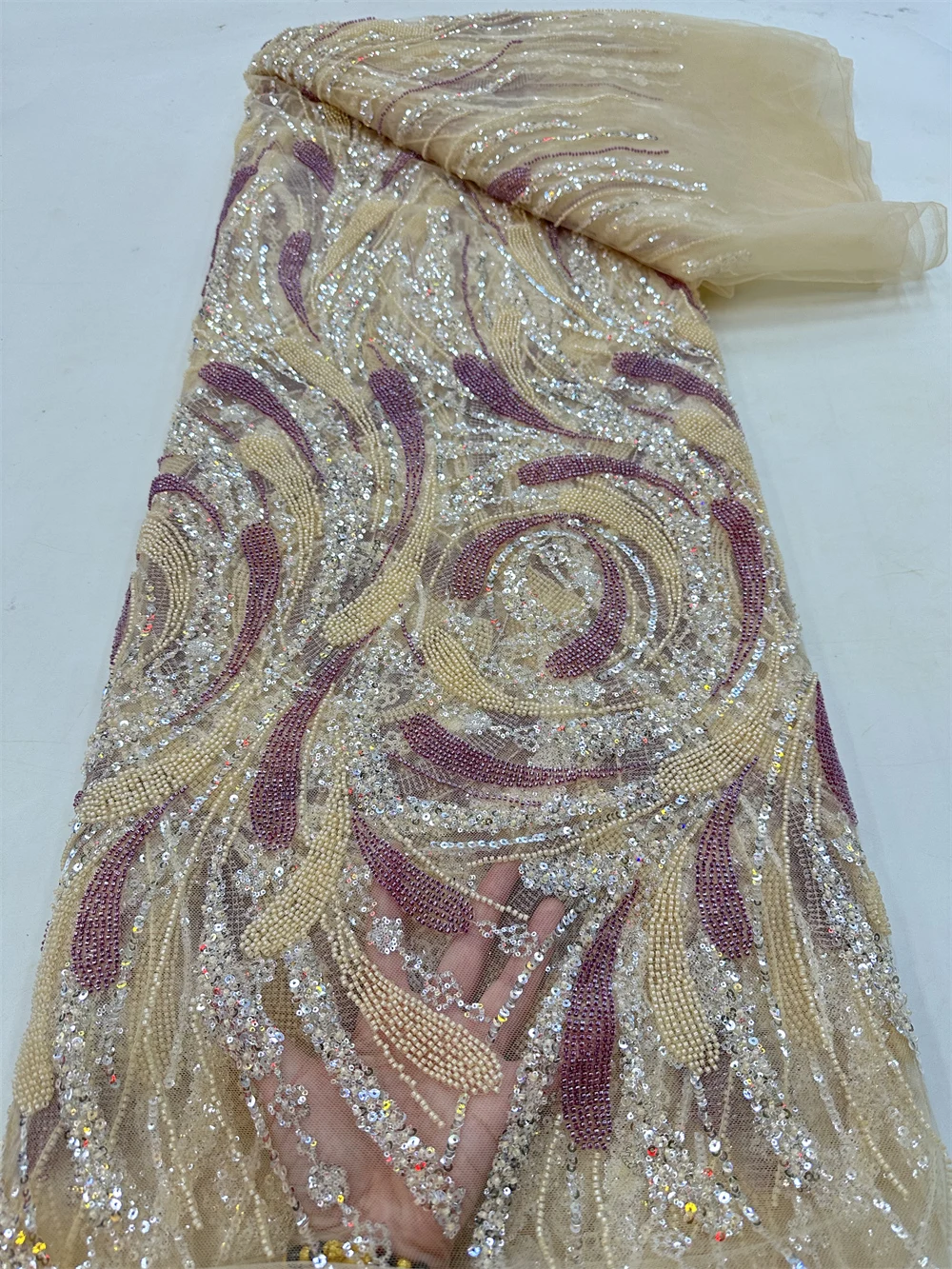 African Sequins Lace Fabric 5 Yards High Quality French Nigerian Groom Lace Fabric For Sewing Dress Wedding Sewing QF0628
