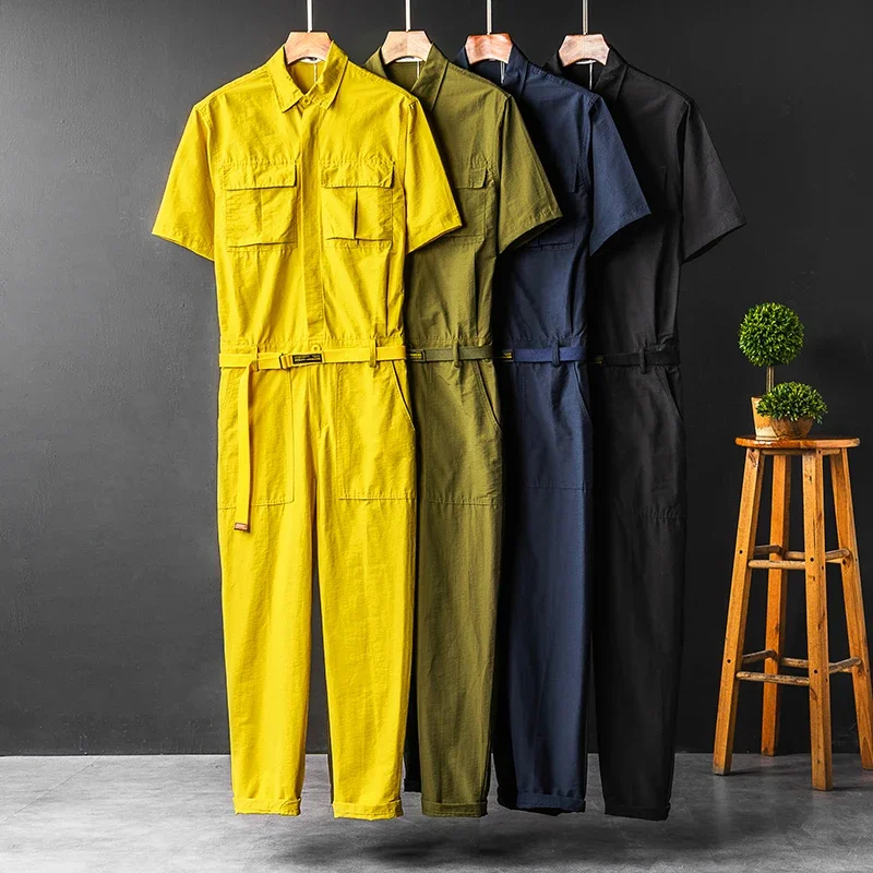 Men and Women's Vintage Short Sleeve Jumpsuit, Couple Thin Summer Clothing Set, American Fashion Brand, Casual, Navy Blue