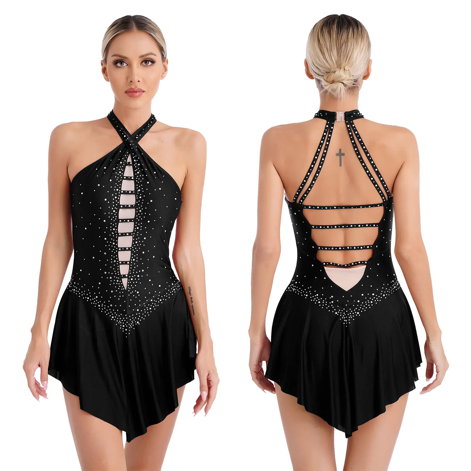 thumbnail image 1 of Vestido de baile lírico de Ballet con diamantes de imitación brillantes para mujer, vestido de baile lírico con tirantes en la espalda, vestidos de leotardo de gimnasia sin mangas con cuello Halter, 1 of 5