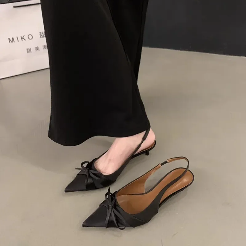 Plus Size 42 Female Shoes Slingbacks Women's High Heels Slip on Dress Pumps Women Pointed Toe Bow Tie Low Thin Heel Sandals