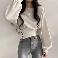 Autumn Women Solid O-Neck Slim Crop Top Lantern Sleeve With Button  Sweat Casual Hip-Hop Sporty Pullover Sweet Chic Street Wear - Image 2