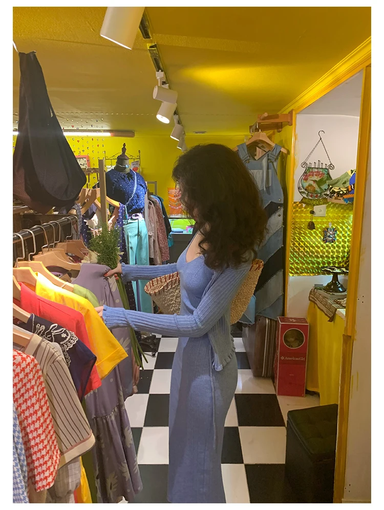 Vintage Chic Knitted 2-piece Dress Set Women Crop Cardigan V-neck Spaghetti Strap Bodycon Midi Dress Autumn New Female Clothing