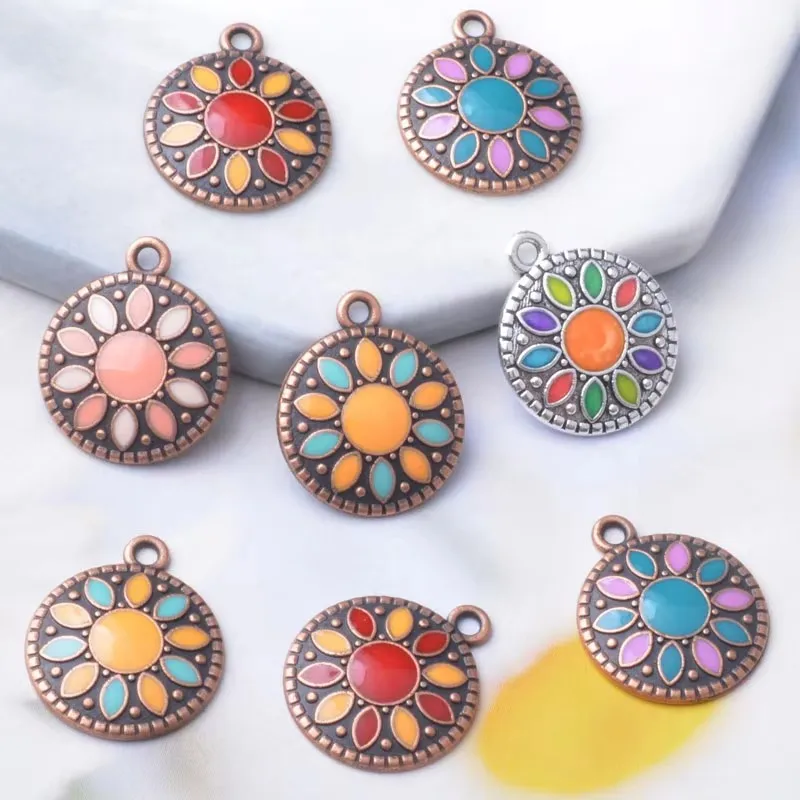 10 Stück Bohemian-Stil Antik-Bronze Runde Emaille-Anhänger Metall Kleine Anhänger DIY Ohrringe Damen Schmuck