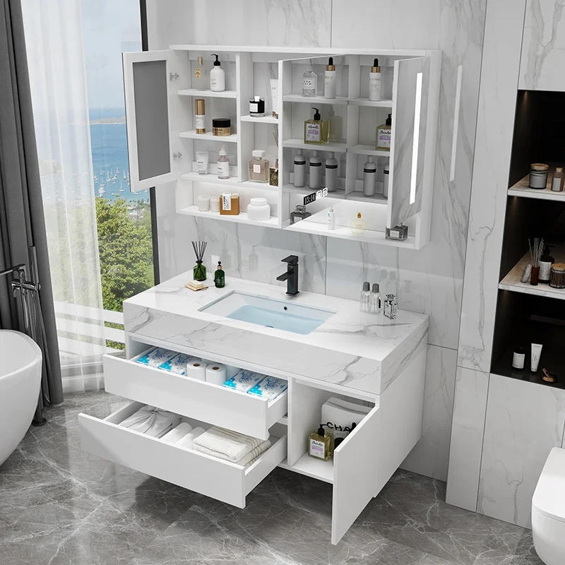 Waterproof Washroom Stainless Steel Wall-mounted Mirror Cabinet，Small Modern White Bathroom Storage Vanity Cabinets