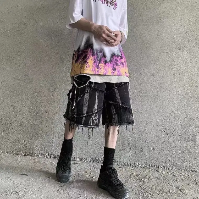 Tie Dye Frayed Denim Shorts Men Vibe Knee Length Male Vintage Gothic Punk Y2K Shorts Hippie Streetwear Distressed Tassel Shorts