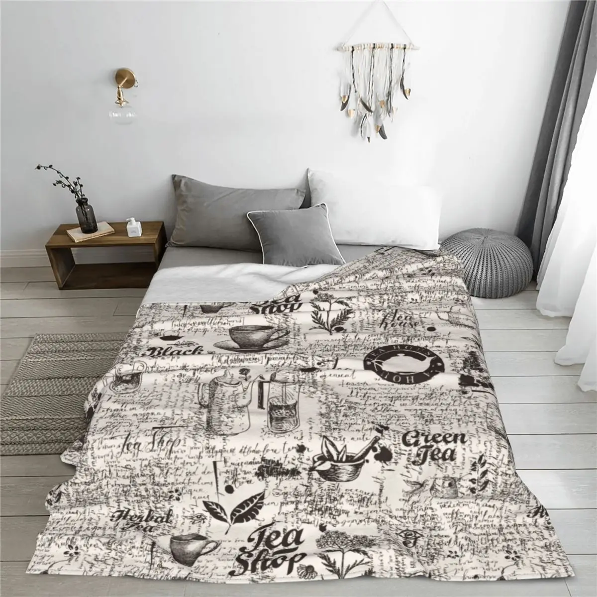 

Vintage Style Tea Sketches Flannel Throw Blankets Blankets for Bed Outdoor Warm Quilt
