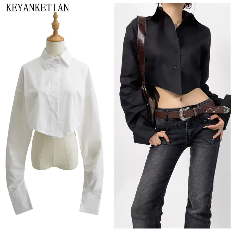 

KEYANKETIAN New Launch Pleats Long Sleeve Design Women Poplin Shirt High Street Fashion Asymmetrical Button-up Crop Top Blouses