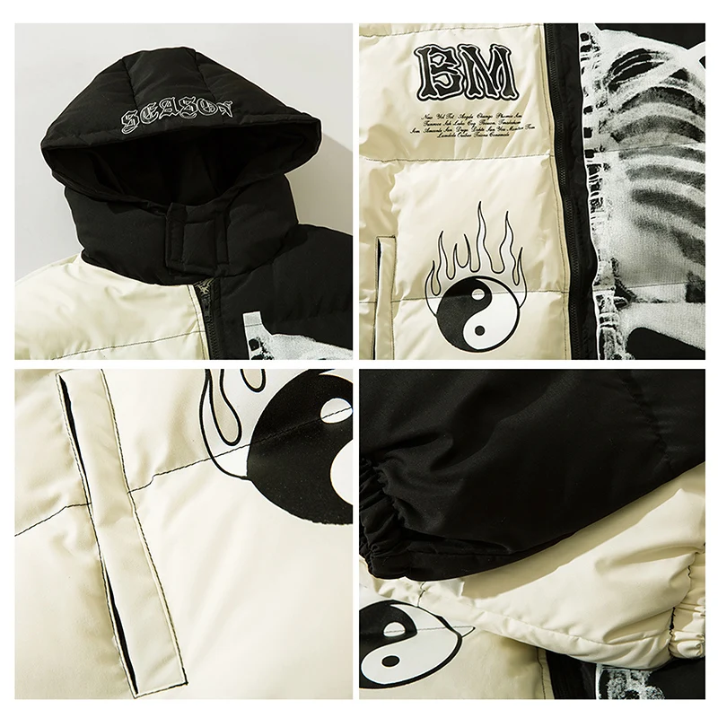 Mens Winter Hooded Parka Jacket Yin Yang Skeleton Print Streetwear Oversized Coat Harajuku Loose Thick Warm Outwear Unisex parka coat,parkas coat