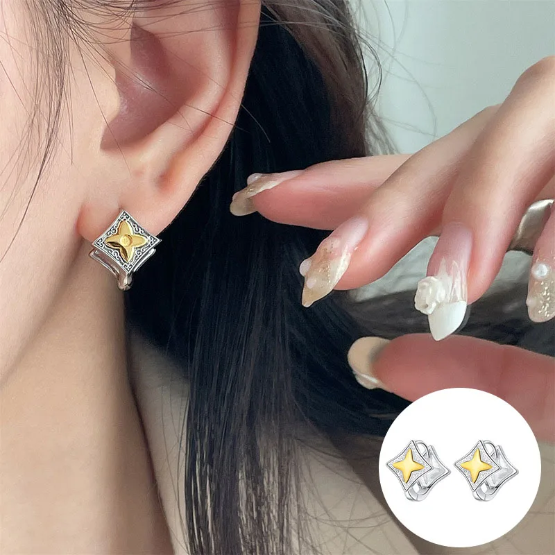 

100% 925 Sterling Silver Geometric Earrings for Women Girl Star Vintage Hollow Out Design Jewelry Birthday Gift Dropshipping