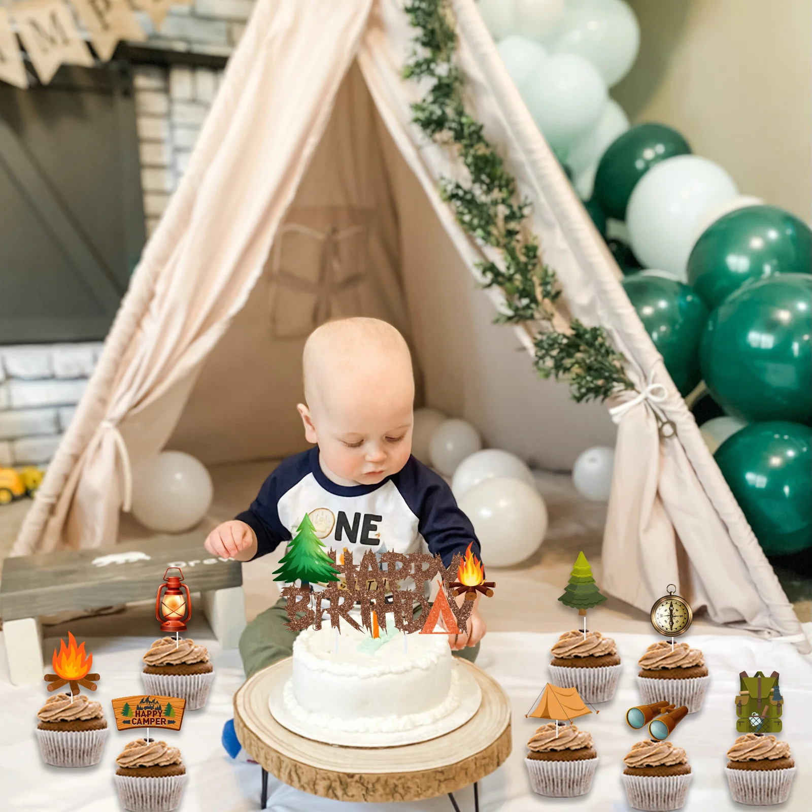 メモ-キャンプをテーマにした誕生日ケーキトッパー、カップ