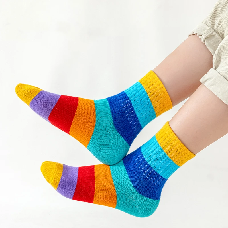 5 Pairs/Lot Children's Rainbow Socks Spring Autumn Coft Cotton Cute 7 Color Rainbow Stripes Boys Girls Sports Tube Socks to 1-12 - Image 3