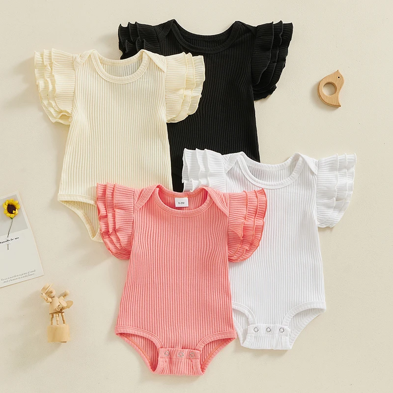VISgogo 여아용 롬퍼, 단색 크루넥, 3 레이어 플라이 슬리브, 용 바디수트, 여름 옷, 골지 니트 점프수트