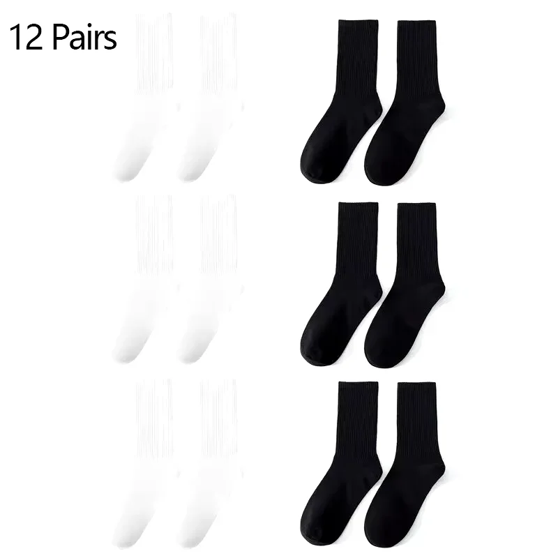 6 Pairs Men's Black White Mid-Calf Socks – Harajuku Streetwear Breathable Casual Socks