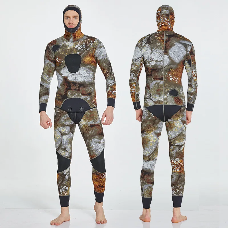 DEMMET Men's 3mm Camouflage Wetsuit (2-Piece Hooded) For Spearfishing, Diving, Snorkeling & Surfing