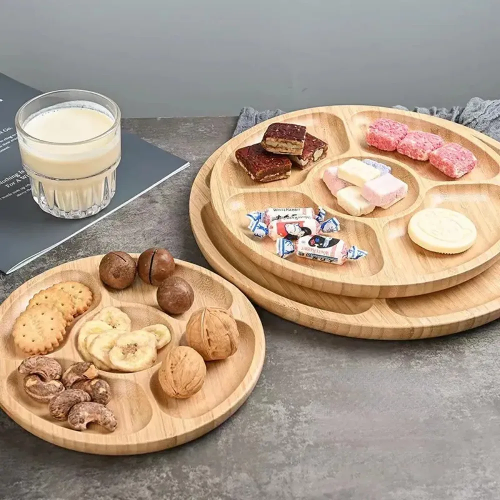 Party Dishes 5 Compartments Round Snack Plate Bamboo 20/25/30cm Divided Serving Trays Appetizer Tray Fruit Platter Hotel