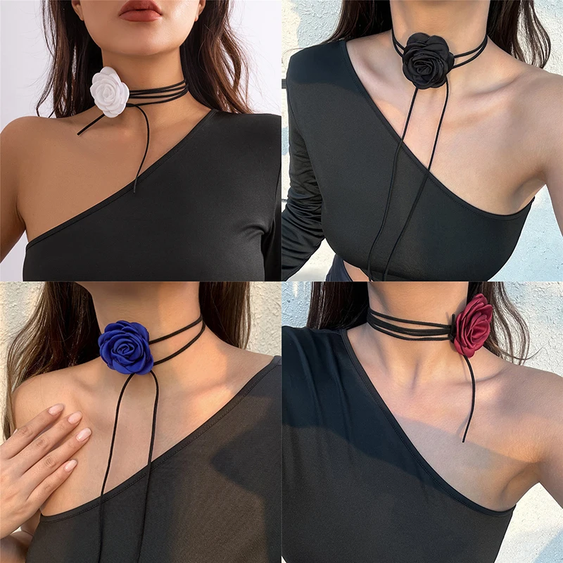 Romantic Gothic Big Rose Flower Clavicle Chain Necklace Women's Fashion Adjustable Rope Necklace Jewelry Accessories