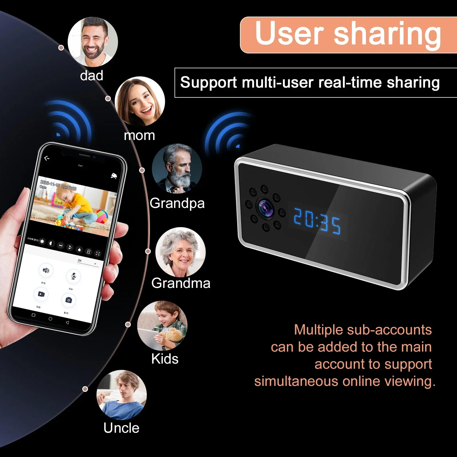 1080P WiFi Mini Camera Electronic Clock Take Photo Two Way Audio Infrared Night Vision Indoor Security Protection Survalance Cam 6