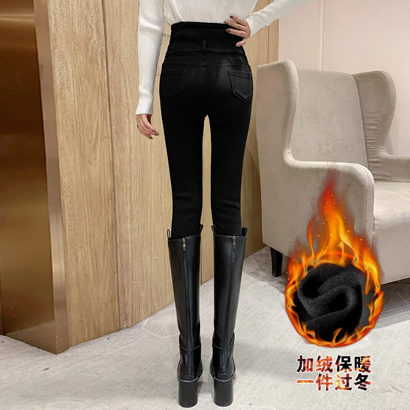 Korean Spring Autumn New Black Leggings Casual Elastic High Waist Stretch Feet Pants Women's Metal Buttons Was Thin Pencil Pants