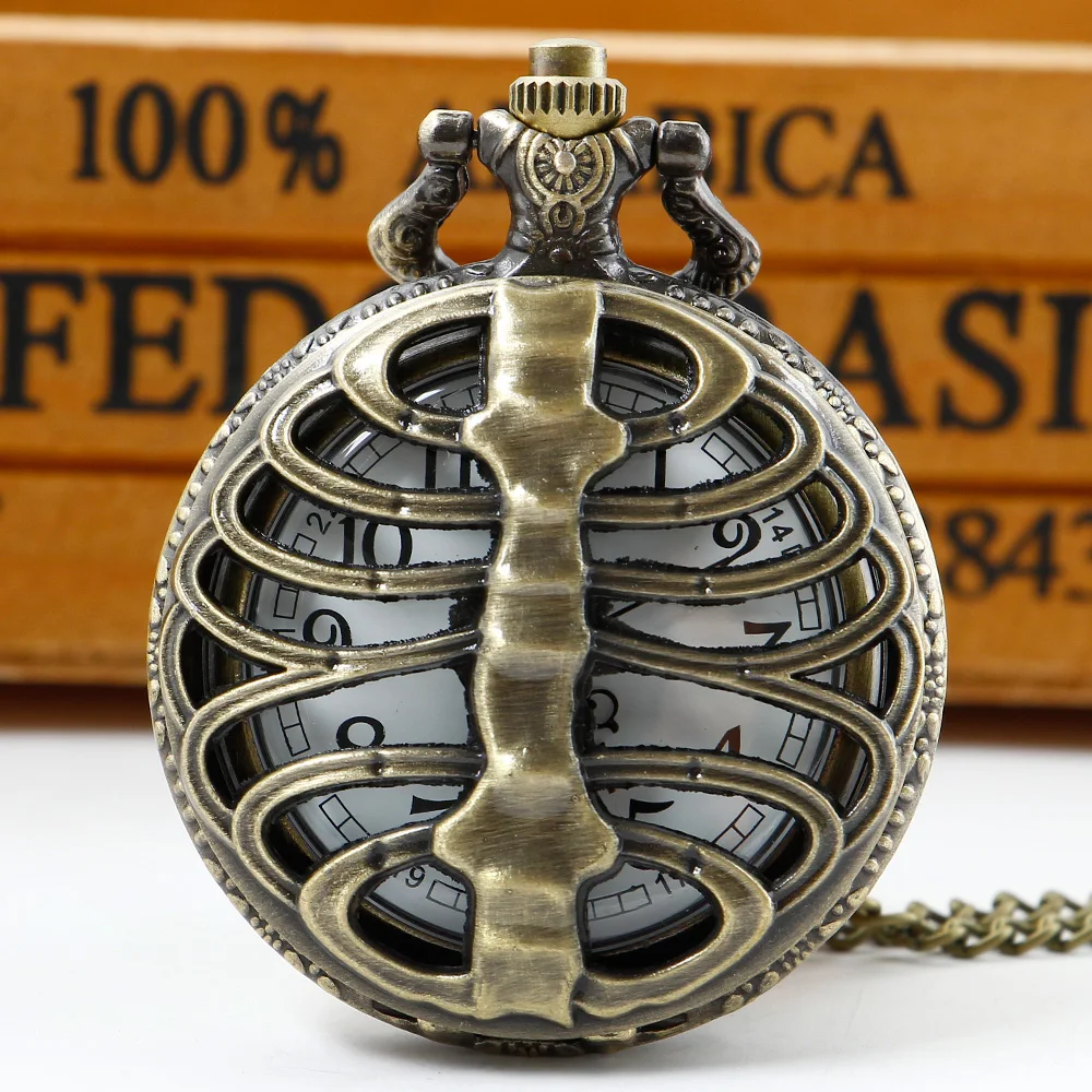 

Vintage Punk Skull Ribs Design Bone Quartz Pocket Watch Retro Pendant Cool Style Necklace Unisex Gift