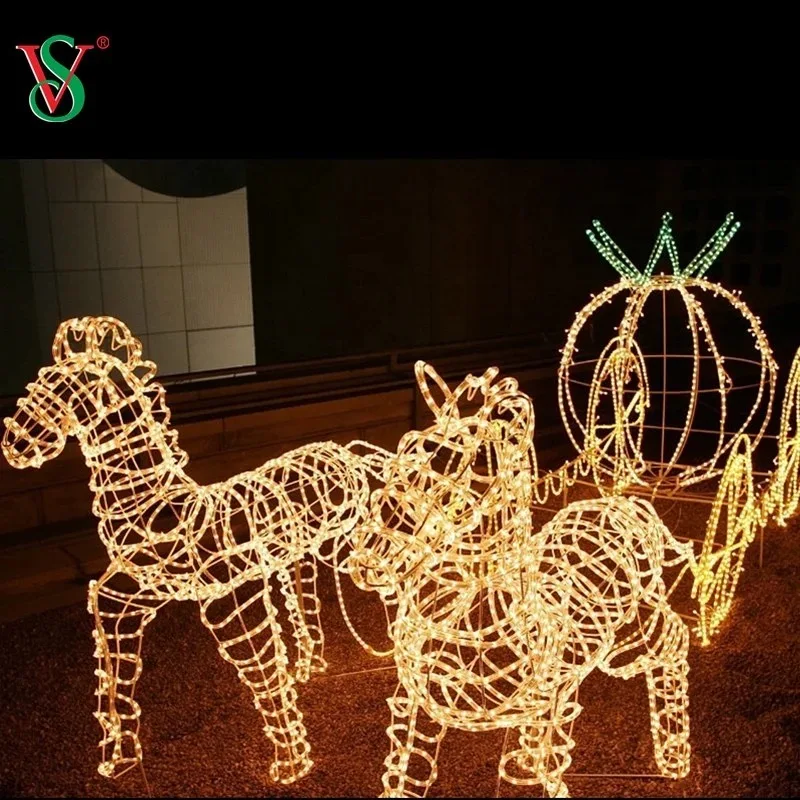 Outdoor 3D Large LED Christmas Light Sculpture Large Illuminated Horse Drawn Carriage for Commercial Festival Decoration