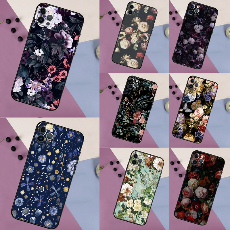Custodia Floreale Midnight Per Iphone 15 14 13 12 11 Pro Max 7 8 Plus Xr Xs Max X Se 2020 Cover Protettiva Per Telefono