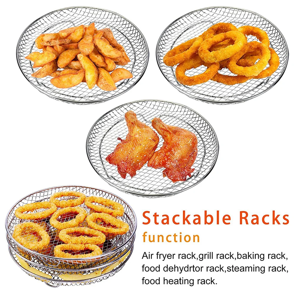 3-layers Air Fryer Rack Stainless Steel Stackable Grid Grilling Rack For Air Fryer Basket Tray Outdoor Camping Cooking Supplies 6