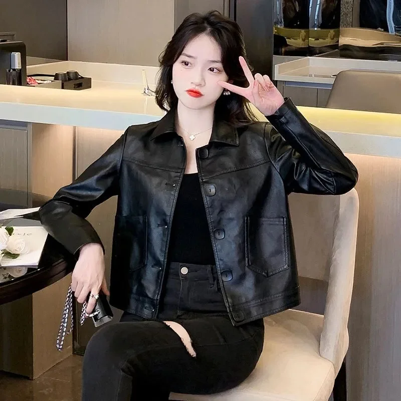 New Western Style Spring and Autumn Short Leather Jacket Women's Lapel Womens Casual Jacket Fashionable Leather Jacket Versatile