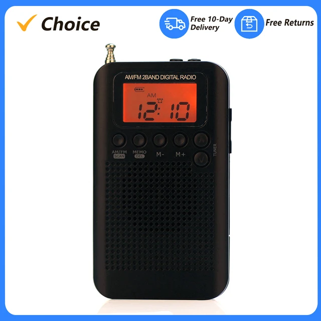 HRD-104 Portable AM/FM Stereo Radio Pocket 2-Band Digital Tuning Receiver Outdoor Earphone Lanyard 1.3 Inch LCD Display Screen