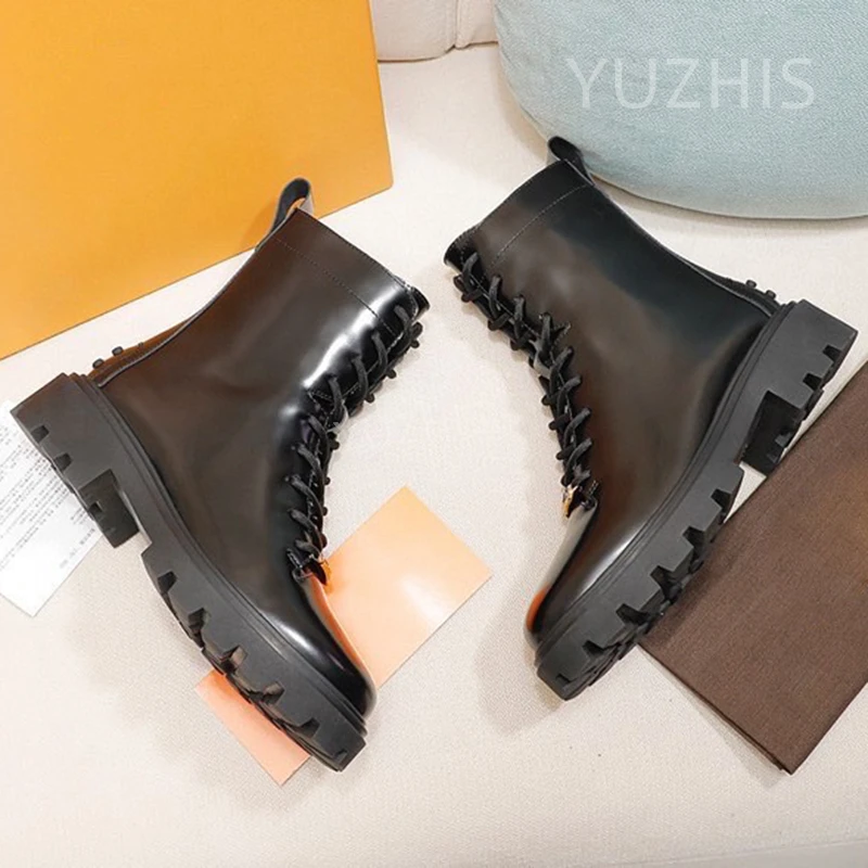 

Fashion Boots Autumn Shoes Lace Up Genuine Leather Designer Botas Mujer Square Heel Motorcycle Boots Women Black Short Boots