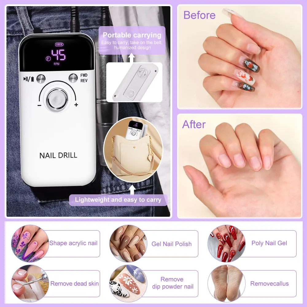 Nail Drill 45000 RPM Rechargeable Nails Electric File Acrylic Gel Removing Polishing Gel Home/Salon Manicure Pedicure
