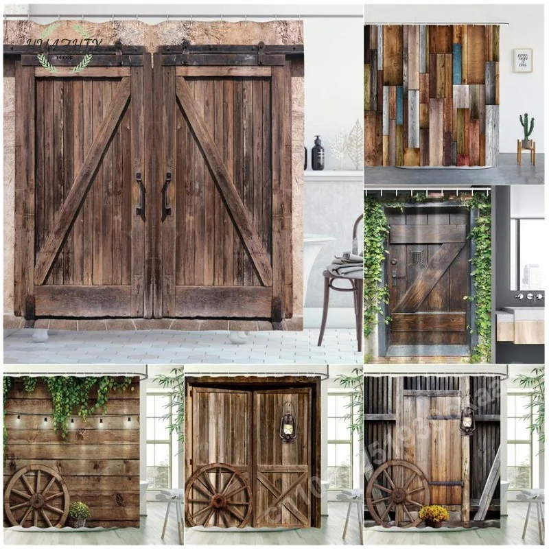 

Rustic Barn Door Shower Curtains Wooden in Stone Farmhouse Image Vintage Desgin Rural Art Architecture Fabric Bathroom Set Decor