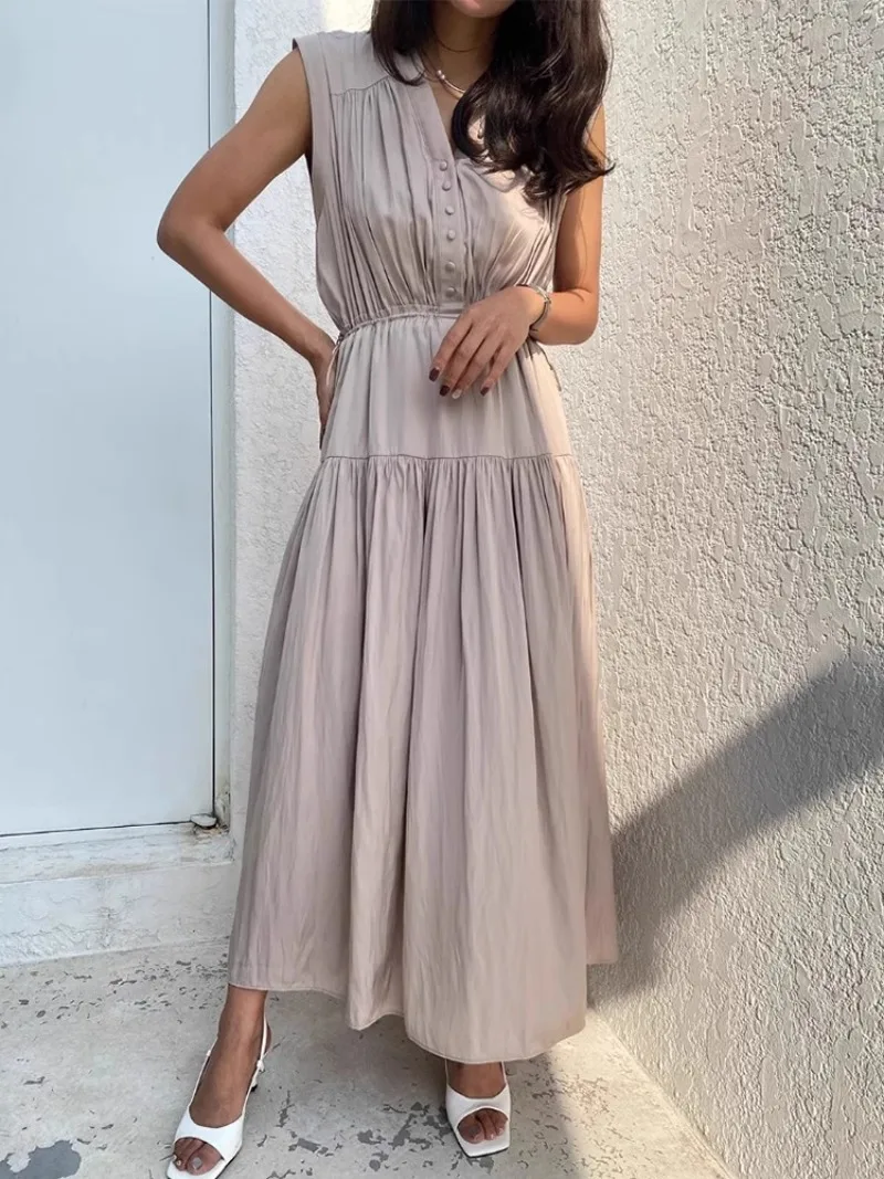 

Japanese V-neck Sleeveless Dresses Women Draw String Dress High Waist Vestidos Mujer Loose Vestido Ropa 2024 Spring Summer