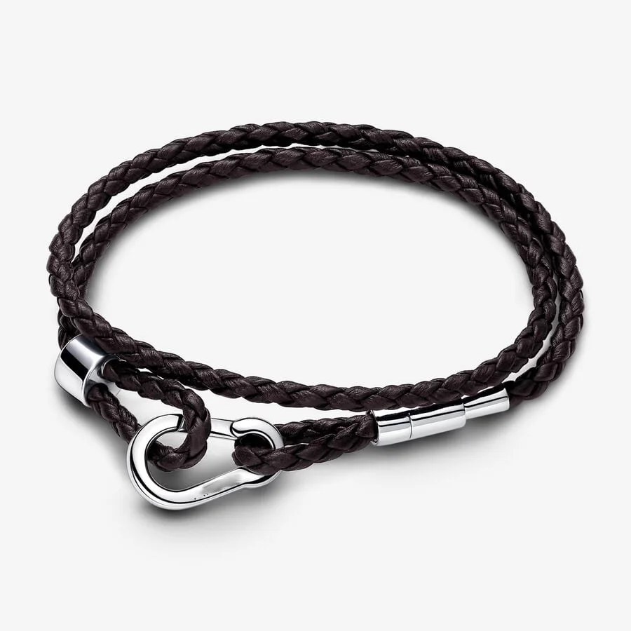 

2024 New 925 Silver Moments Brown Braided Double Leather Bracelet For Women Fashion Popular Style DIY Jewelry