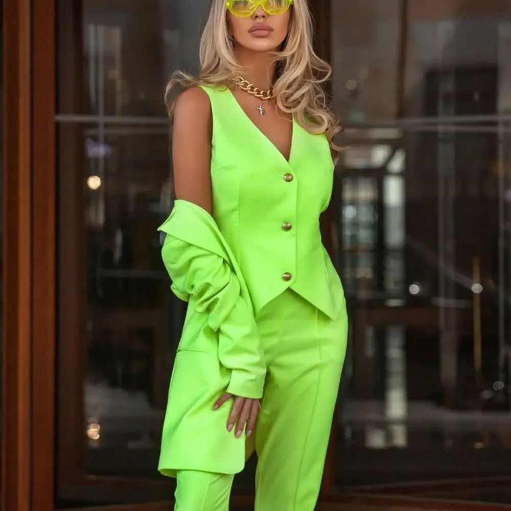 Bright Green Slim Women Pants Suits Ladies Prom Evening Guest Formal Wear Custom Made (Jacket+Vest+Pants)