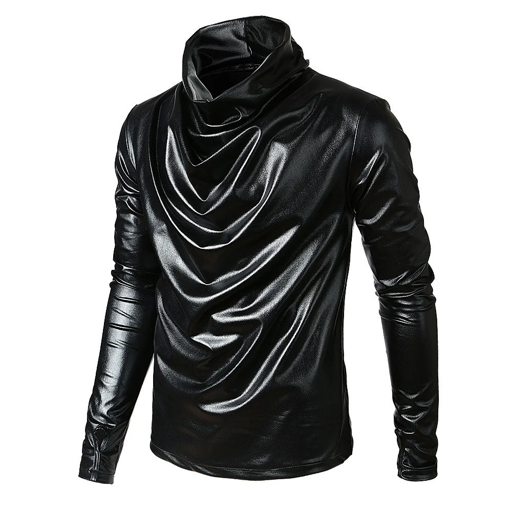 

ARENS Men`s Hip Hop Fake Faux Leather Hair Stylist fashion Long Sleeve Turtle Neck Hipster Hiphop Street Style Hoodies For Male