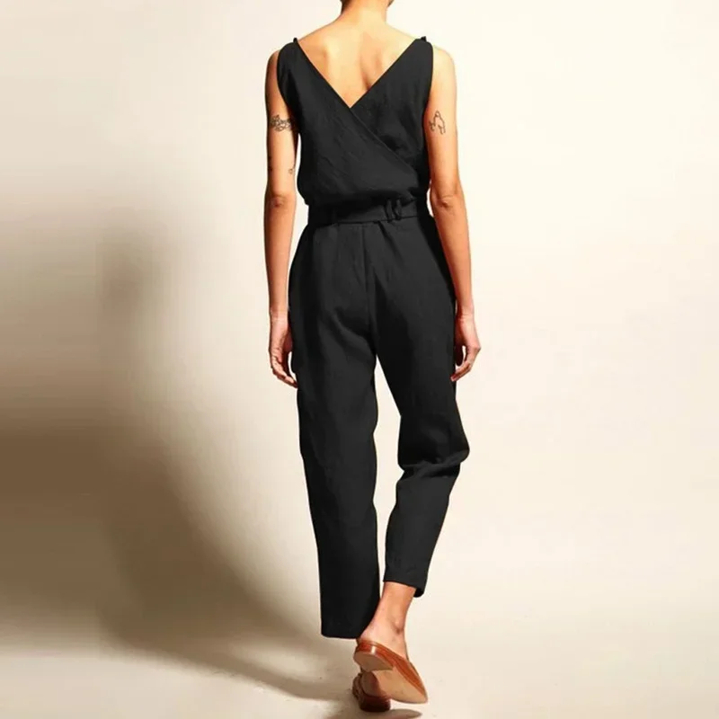 Women Fashion Sleeveless Solid Simple Beach Loose Jumpsuits Summer High Waist Mature Female New Long Jumpsuit with Belt Holiday