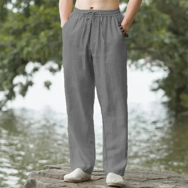Pantalones de playa para hombre, ropa de calle de algodón y lino, pantalones de chándal casuales, pantalones largos sueltos de vacaciones Hawaianas, Verano - Imagen 3