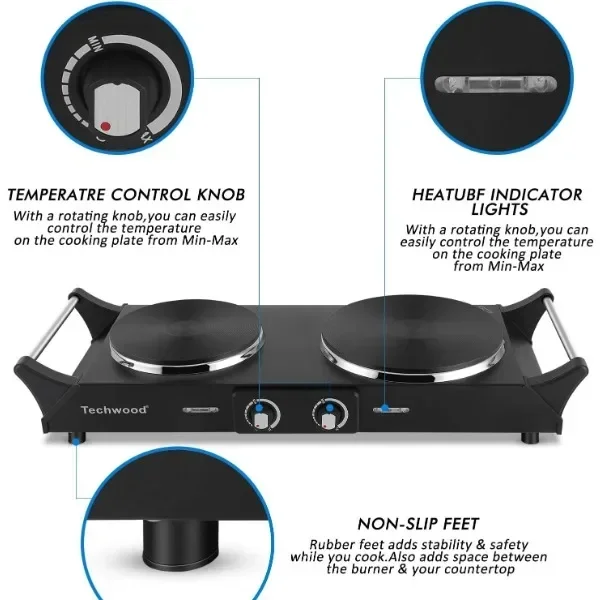 Techwood ES-3203 Hot Plate Electric Double Burner 1800W for Cooking with Adjustable Temperature & Stay Cool Handles 5