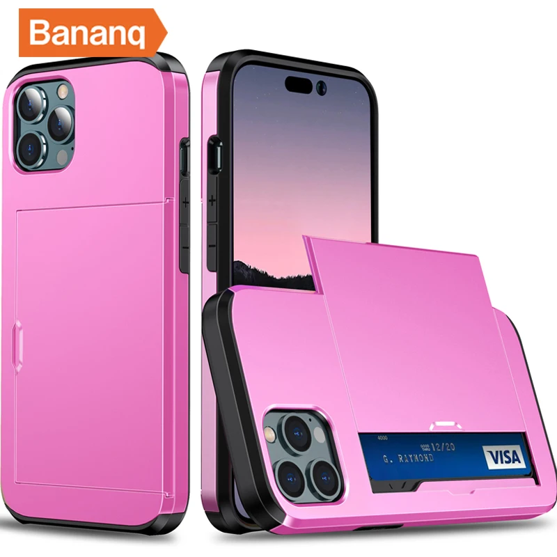 thumbnail image 1 of Bananq Slide Card Slot Phone Case For iPhone 11 12 13 14 15 Pro Max Mini X XS XR 8 7 6 Plus Shockproof Card Bag Cover, 1 of 5