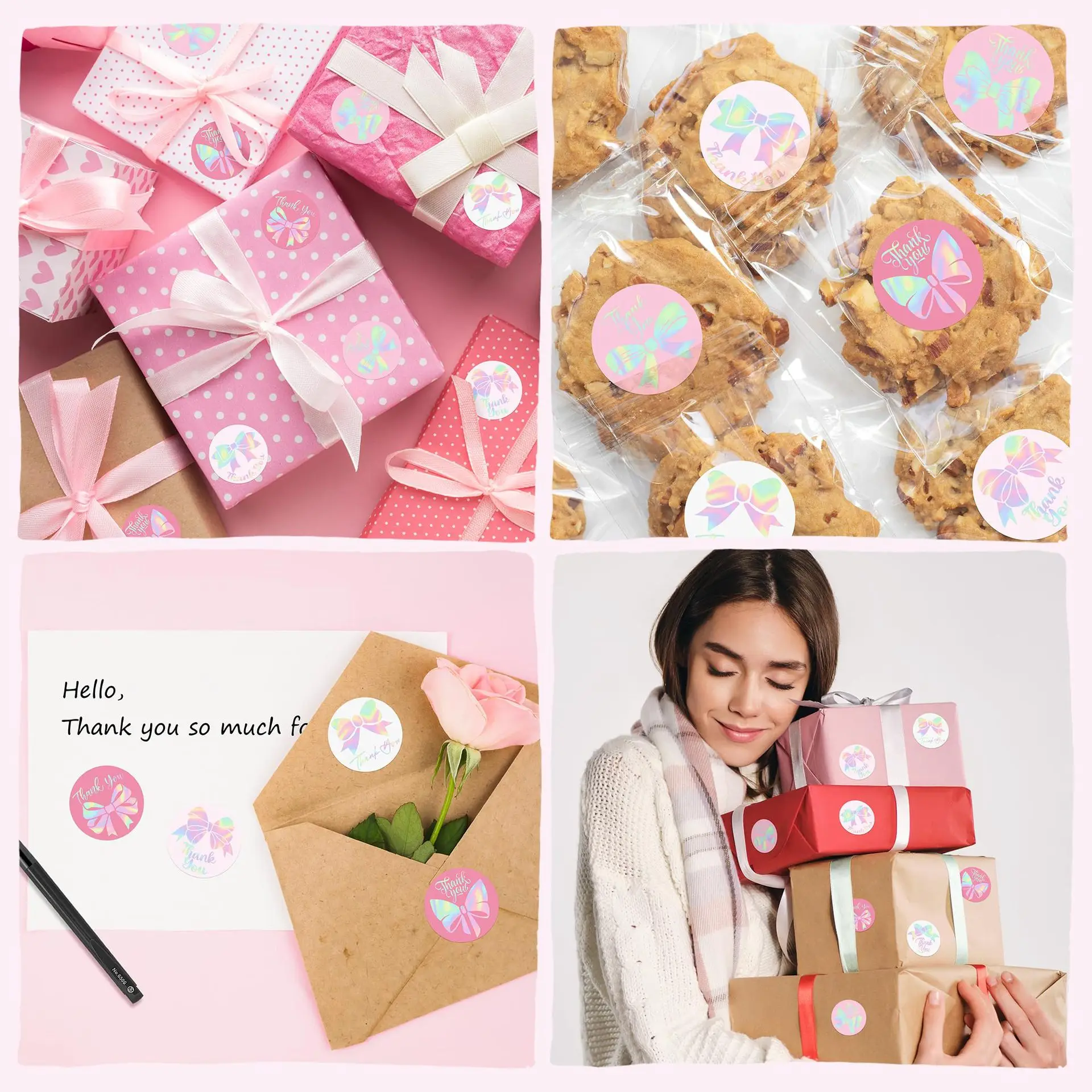 500Pcs 레이저 활 모양 감사 스티커 홀로그램 리본 종이 데칼 접착 스티커 라벨 웨딩 봉투 스크랩북 선물용