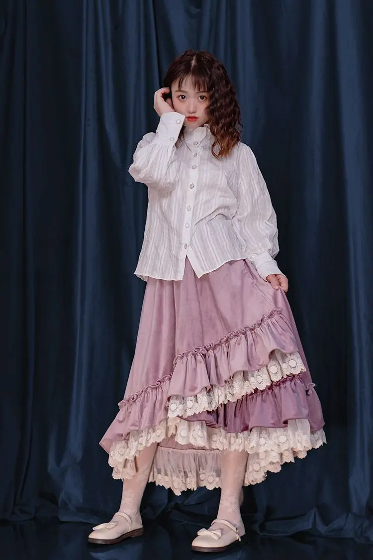 Winter Thick Sweet Faldas Mujer Irregular Elegant Long Skirt Japanese Style Kawaii Women Skirts Lace Ruffles Autumn