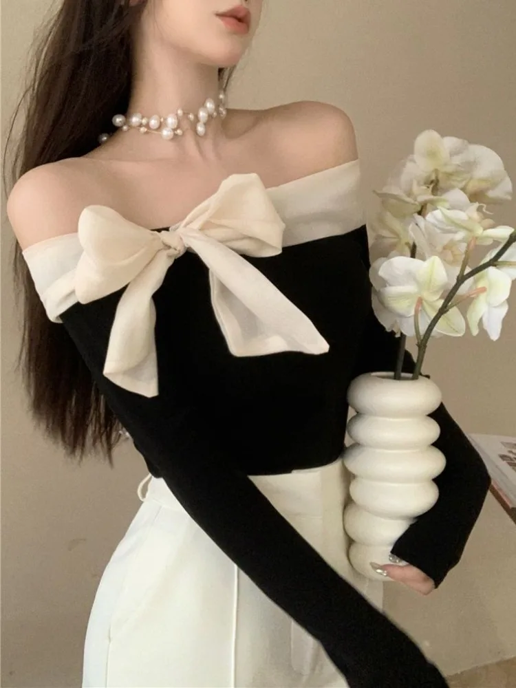 

Deeptown Coquette Off Shoulder Black T-shirts Women Korean Style Chic Bow Brown Long Sleeve Tees Sweet Sexy Patchwork Slim Tops